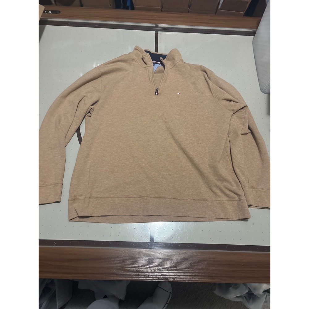 Tommy Hilfiger Mens XXL Tan Heathered Quarter Zip Pullover Sweater Mock Neck